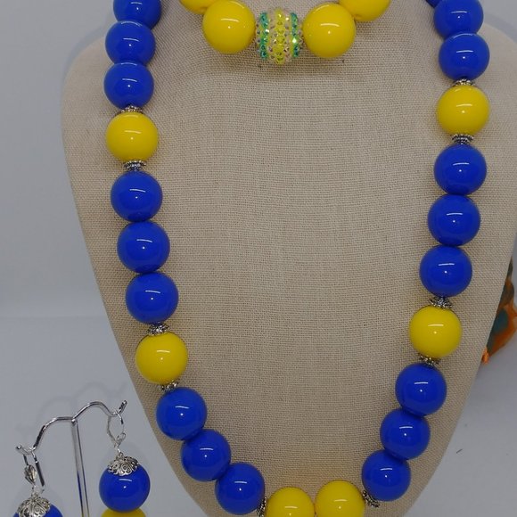 Necklace | Bracelet | Earring - Blue and Yellow Chunky Statement Set - Picture 2 of 10